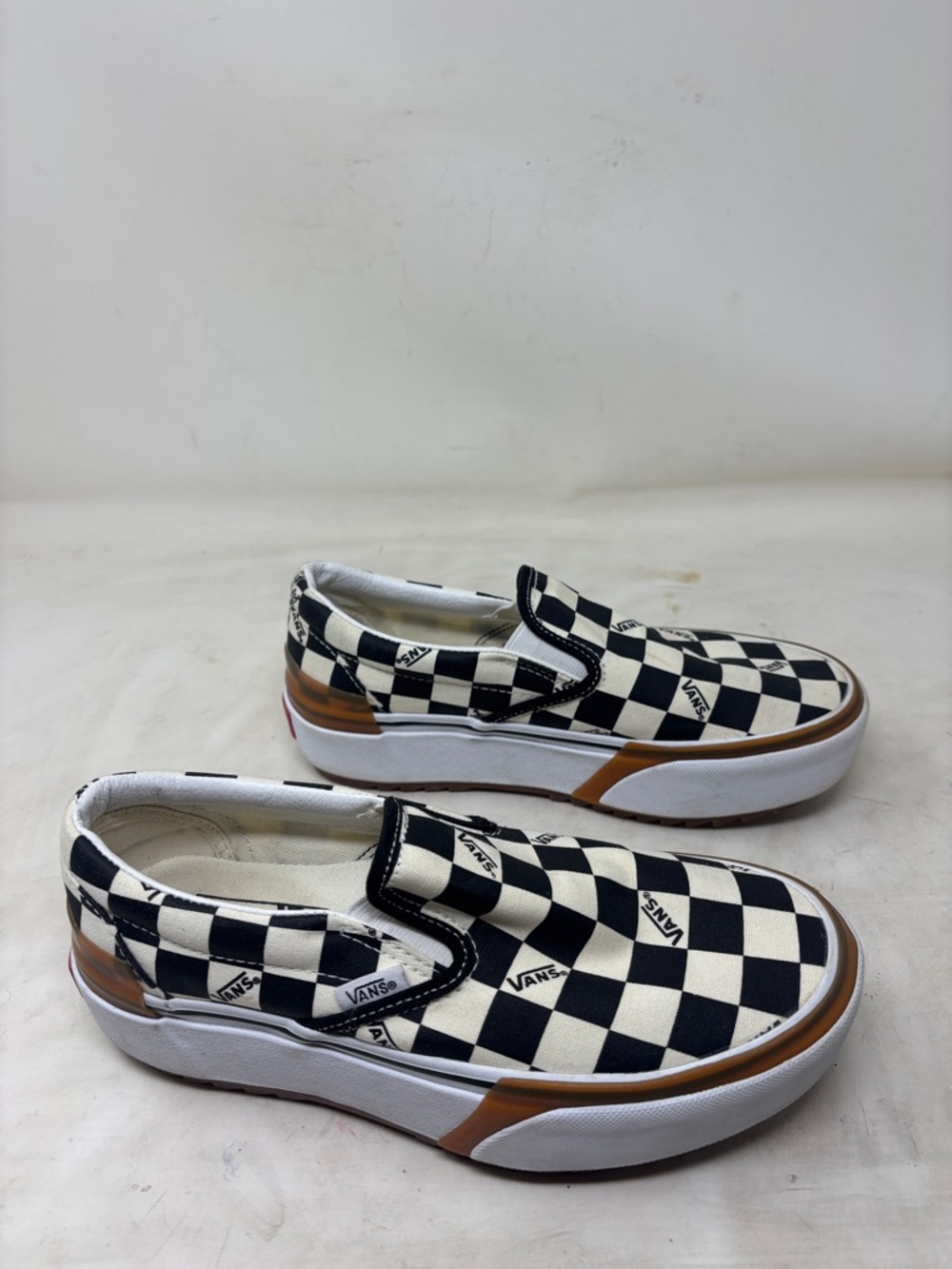 Vans Checkerboard Platform Slip-On Sneakers - Black, White & Brown Trim - Picture 3 of 9